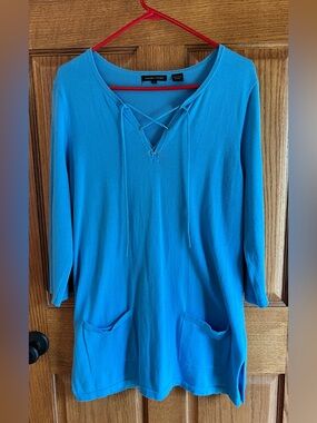 Jeanne Pierre Blue Lace-Up Pocket Tunic Size Large 3/4 Sleeve Cotton